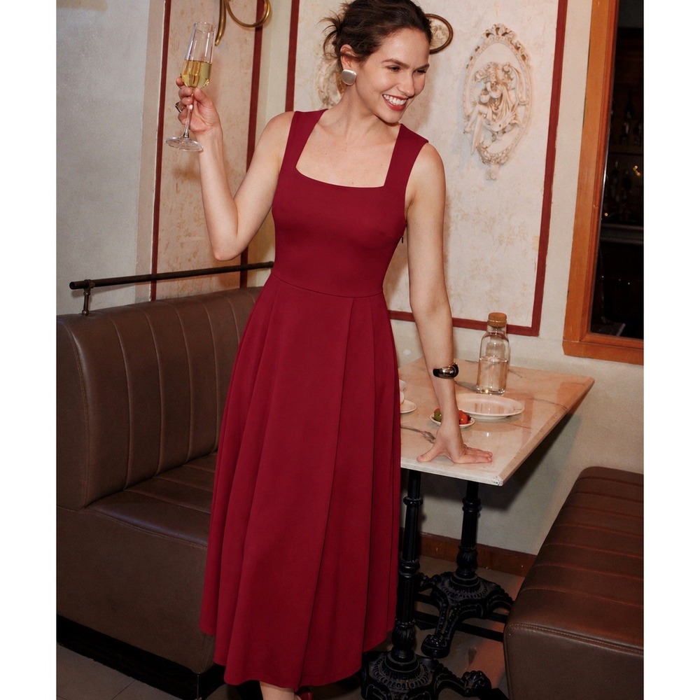 OGL The Anytime Little Black Bra Dress Pockets Falu Red XS Midi Square Neck